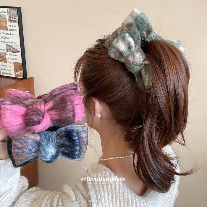 Fuzzy Flocked Bow Duckbill Hair Clips Green Pink Blue