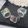 Clear Pressed Flower Geometric Resin Band Rings in Three Colors view 1