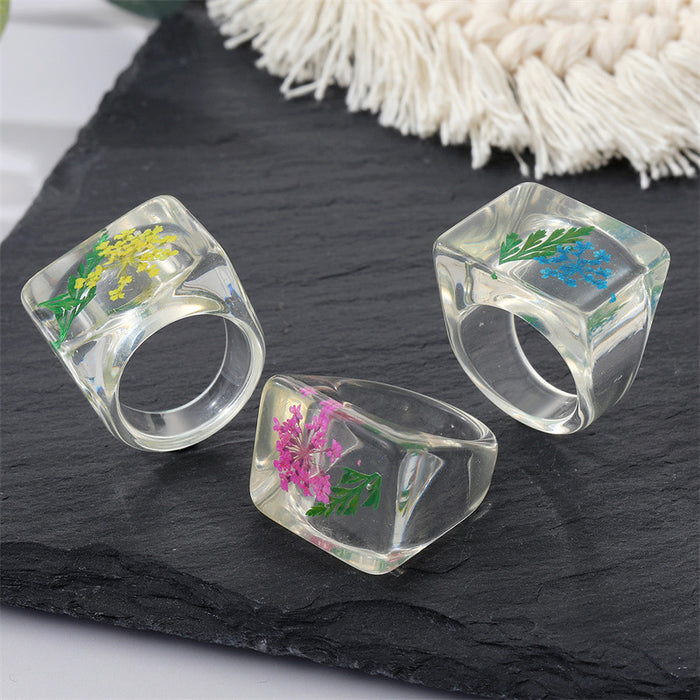 Clear Pressed Flower Geometric Resin Band Rings in Three Colors
