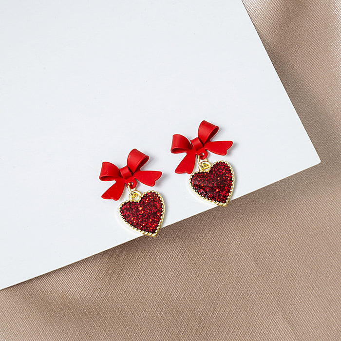 Red Ribbon Bow Glitter Heart Long Dangle Stud Earrings