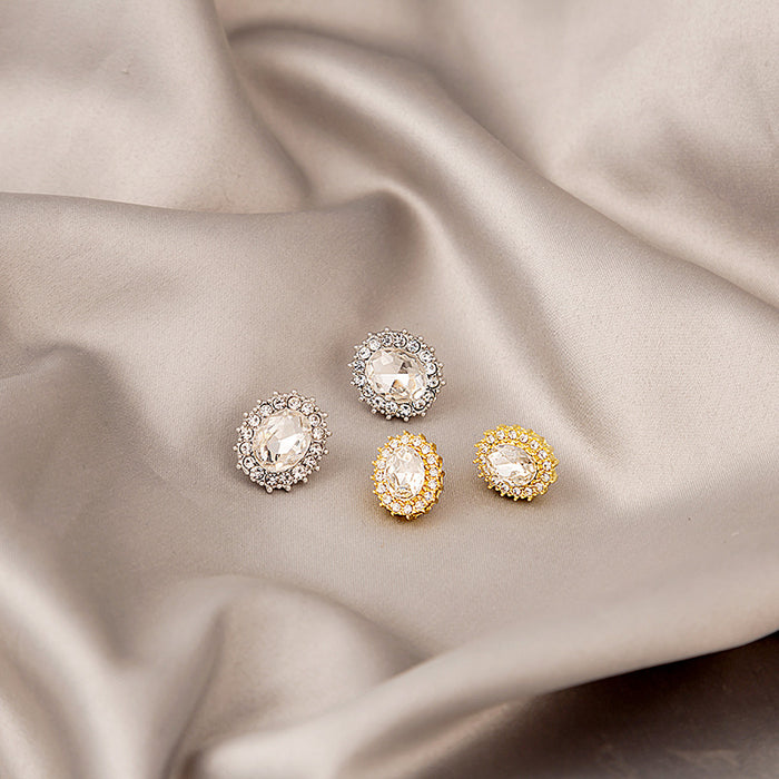 Silver Oval Crystal Halo Rhinestone Stud Earrings Pair