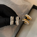 Gold Tone Double Row Pearl Hoop Stud Earrings Fashion Jewelry view 3