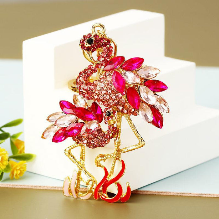 Pair of Pink Jeweled Flamingo Keychains with Gold Tone Hardware