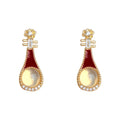 Gold Tone Burgundy Enamel Lute Shape White Cabochon Stud Earrings view 5