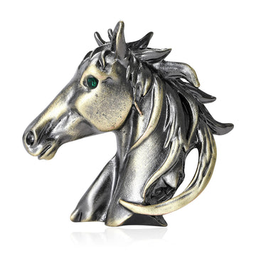 Antique Bronze Horse Head Brooch Green Crystal Eye Pin