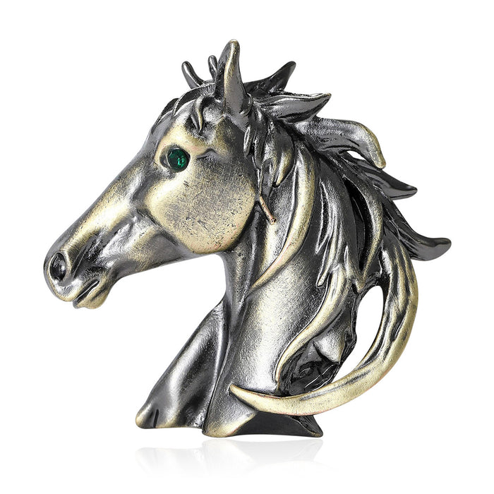 Antique Bronze Horse Head Brooch Green Crystal Eye Pin