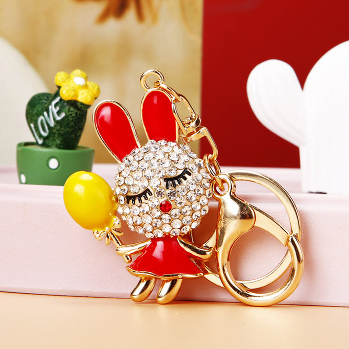 Jeweled Dress Rabbit Holding a Balloon Keychains in Four Colors