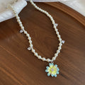 White Beaded Necklace With Blue Flower Pendant Chain Pendant Jewelry view 6
