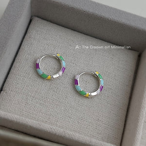 Silver-Tone Multicolor Enamel Segment Mini Huggie Hoop Earrings