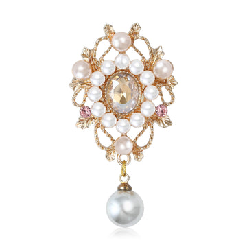 Ornate Pearl Teardrop Brooch With Hanging Gray Pearl