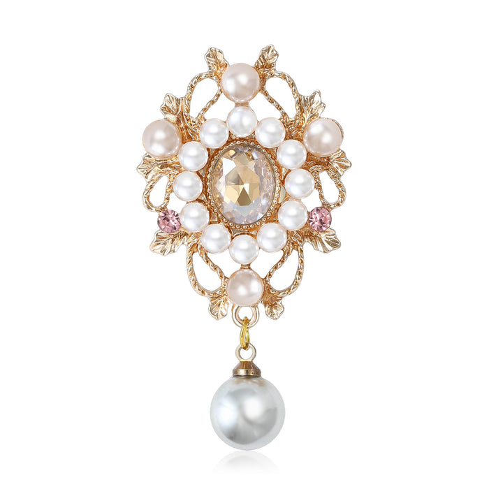 Ornate Pearl Teardrop Brooch With Hanging Gray Pearl