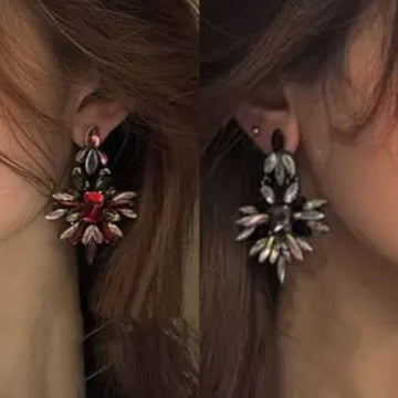 Dark Crystal Floral Statement Earrings in Red and Black