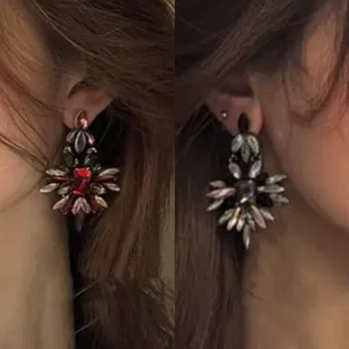 Dark Crystal Floral Statement Earrings in Red and Black