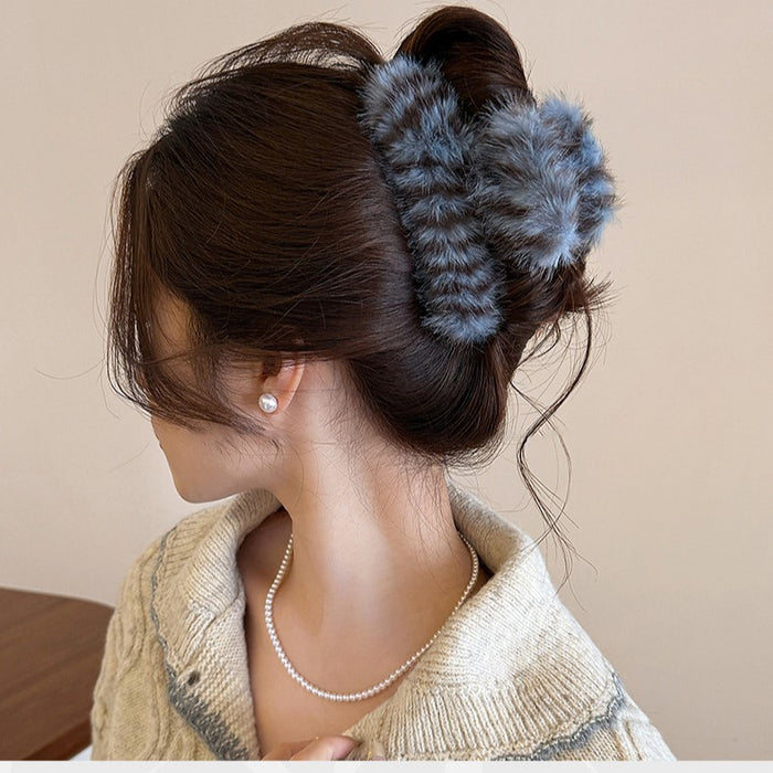 Blue Brown Striped Faux Fur Shark Claw Hair Clip Plush