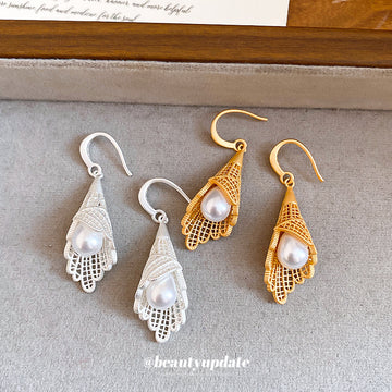 Filigree Drop Earrings With Pearl Centers in Two Finishes