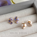Gold Tone Abstract Three Petal Stud Earrings In White And Purple view 1