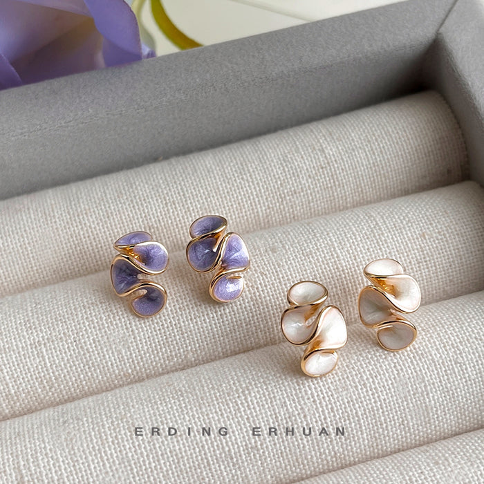 Gold Tone Abstract Three Petal Stud Earrings In White And Purple