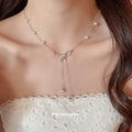 Silver Rhinestone Bow Pearl Y Necklace Dual Pearl Drops view 3