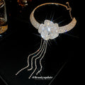 Rhinestone Flower Choker Necklace Long Crystal Tassel view 2