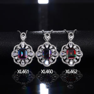 Gradient Square Stone Floral Halo Pendant Necklace