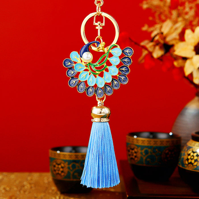 Enamel Peacock Keychains with Royal Blue Sky Blue and Assorted Tassels