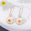 Gold Tone Clear Resin Pressed Flower Long Wire Earrings view 3