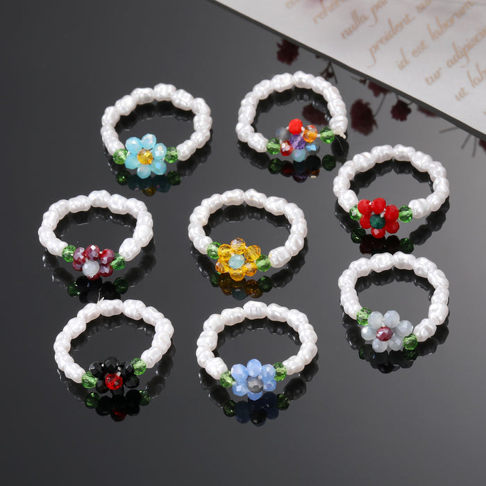Faux Pearl Beaded Crystal Flower Stretch Rings in Eight Colors