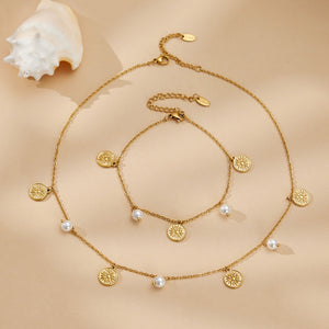 Titanium Steel Sun Disc Coin Necklace Anklet Pearl Natural Stone