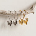 Hammered Heart Drop Hoop Earrings in Gold and Silver Tone view 3