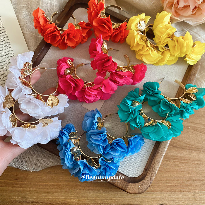 Chiffon Flower C Hoop Statement Earrings In Five Colors