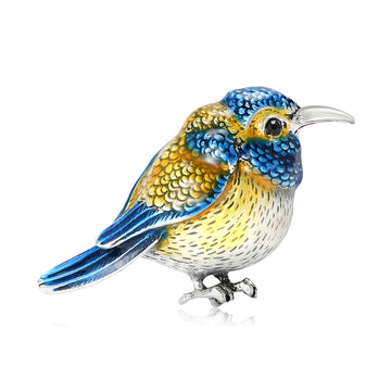 Enamel Songbird Brooch Silver Tone Scale Feathers Pin