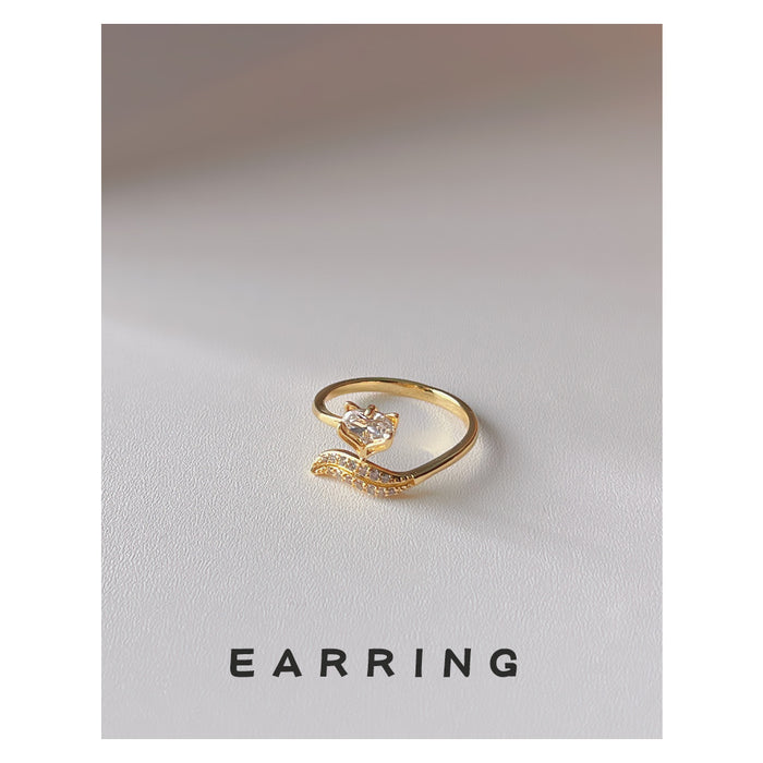 Gold Tone Clear Stone Butterfly And Curved Leaf Open Adjustable Ring
