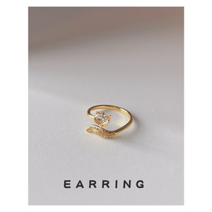 Gold Tone Clear Stone Butterfly And Curved Leaf Open Adjustable Ring
