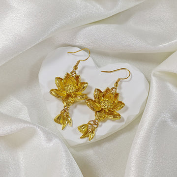 Gold Tone Double Lotus Flower Drop Earrings with Stainless Hooks