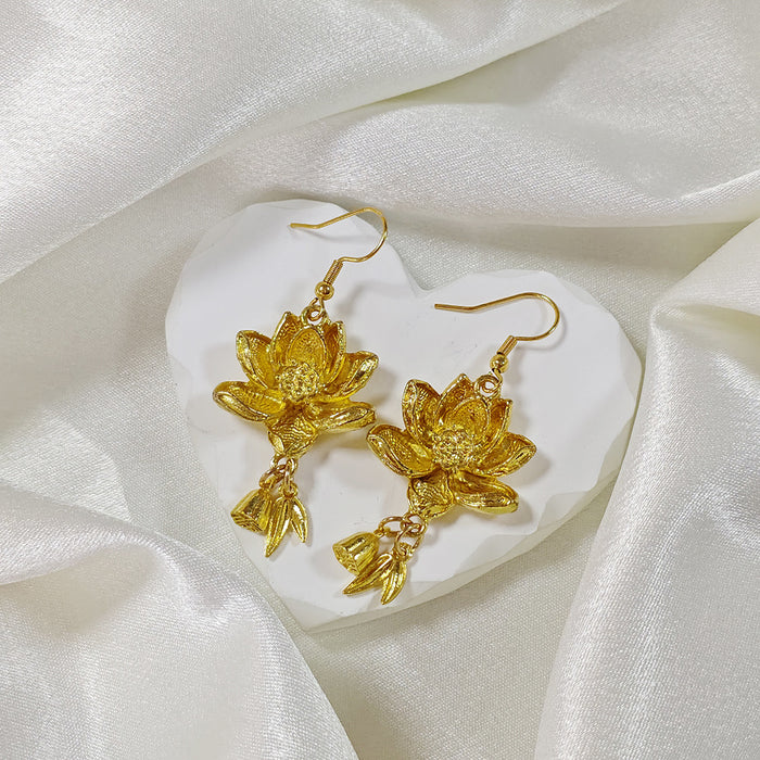 Gold Tone Double Lotus Flower Drop Earrings with Stainless Hooks