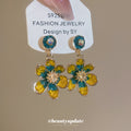 Blue Yellow Crystal Flower Cluster Drop Earrings For Women view 2