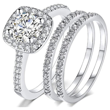 Round Solitaire Halo Three-Ring Set In Polished Silver Tone