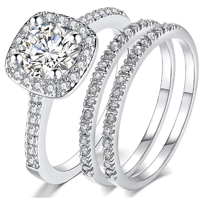 Round Solitaire Halo Three-Ring Set In Polished Silver Tone