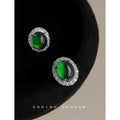 Silver Oval Green Cabochon Stud Earrings Crystal Halo view 4
