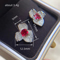 Red Square Stone Three-Petal Flower Stud Earrings In Silver Tone view 4