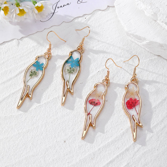 Gold Bird Outline Dried Flower Resin Dangle Earrings 2 Colors