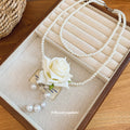 White Beaded Double Strand Necklace with Fabric Rose and Pearl Drops view 4