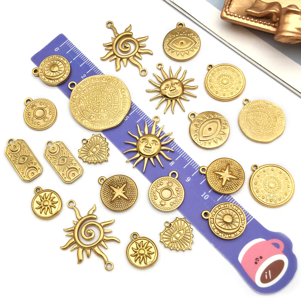Gold Stainless Steel Sun Evil Eye Round Tag Charm Pendant for DIY Bracelet Necklace