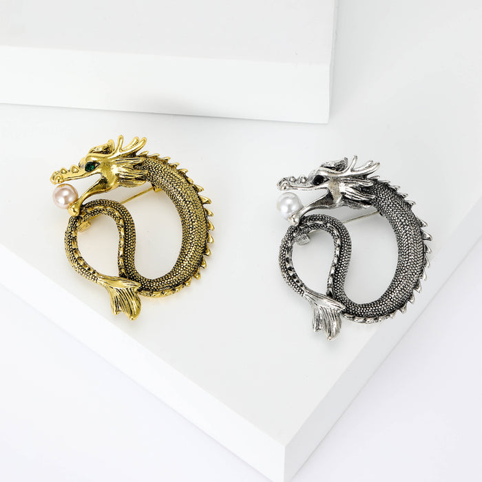 Coiled Dragon Pearl Brooch Silver or Gold Tone Metal Pin Brooch