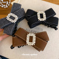 Fabric Bow Twist Claw Clip Rhinestone Buckle Brown Grey view 2