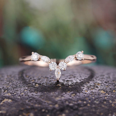 Product view showing slim V-shaped marquise-stone ring