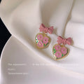 Pink Bow Gold Heart Drop Earrings Floral Enamel Pair view 3