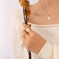 Gold Copper Open Ring White Shell Face With Tulip Motif view 4