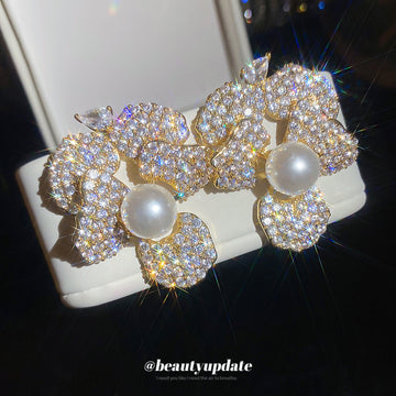 Crystal Petal Flower Stud Earrings With Faux Pearl Centers