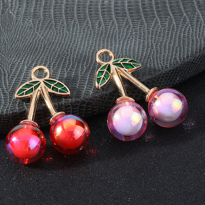 Cherry Charm Pendant Enamel Leaf Resin Beads Two Colors
